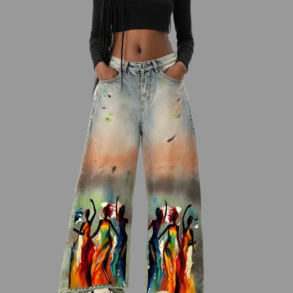Streetwear Wide Leg Painted Abstract Artwork Premium Denim Jeans
